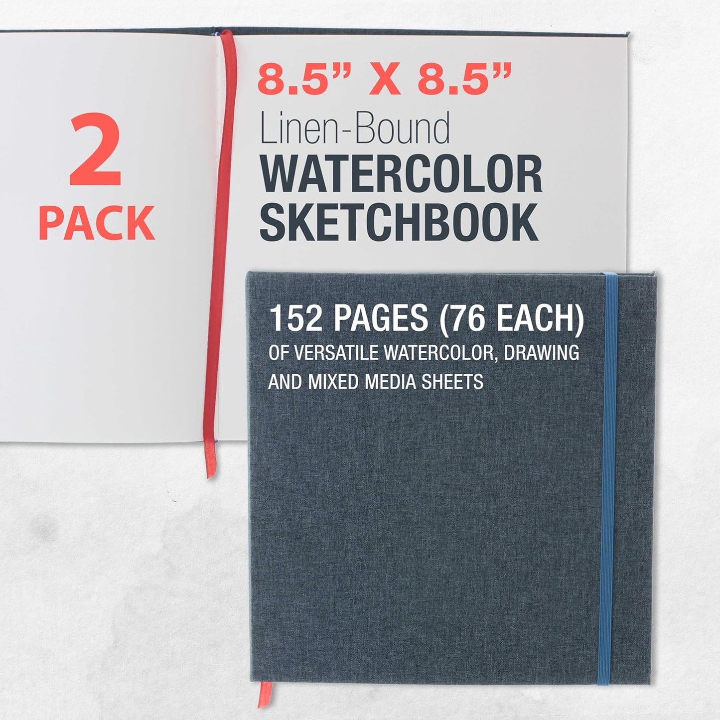 U.S. Art Supply Watercolor Book - 8.5" x 8.5" Linen-Bound Hardcover, 76 Sheets Each, Acid-Free Paper