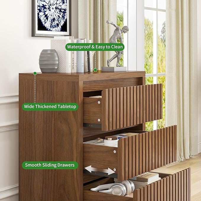 Fluted 3 Drawer Dresser, Mid Century Small Dresser for Bedroom, Wood Chest of Drawers, Modern Closet Clothes Organizer, Walnut Wooden Storage for Living Room, Brown
