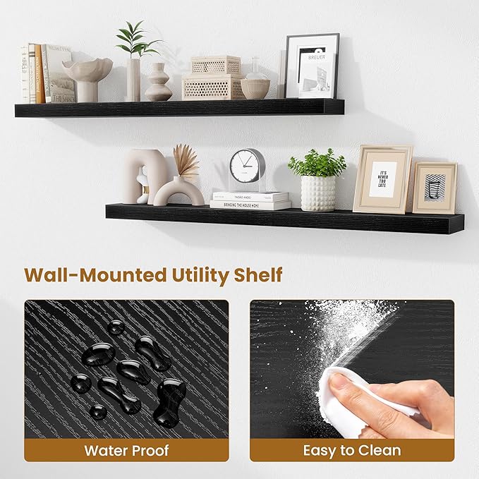 Fun Memories Floating Shelves 48 Inch, Extra Large Wood Shelf Set of 2, Hanging Wall Shelves for Bathroom, Living Room, Kitchen, Bedroom, Black