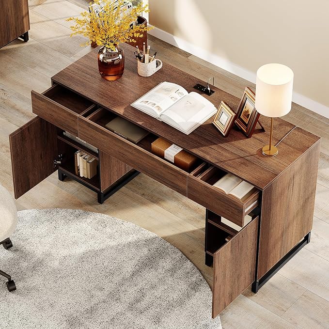 WAMPAT 59" Modern Executive Desk with Drawers, Home Office Computer Desk with Charging Station, File Drawer, Storage Cabinet, Wood Writing Desk for Work and Study, Dark Brown