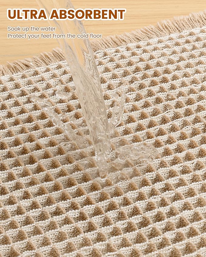 Smiry Waffle Bath Mat 47x20, Extra Soft Absorbent Bathroom Rugs, Non Slip Machine Washable Quick Dry Bath Rugs for Bathroom Floor, Tub, Shower, Home Decor Accessories, Brown & Cream