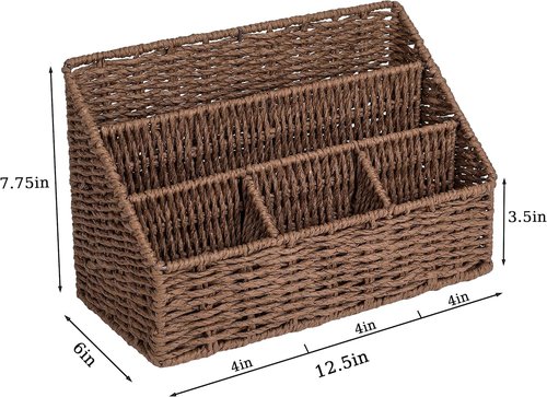 DINGTAI Rattan Desk Organizer - 5-Slot Mail Holder & Wicker Magazine Basket | Brown Boho Office Decor