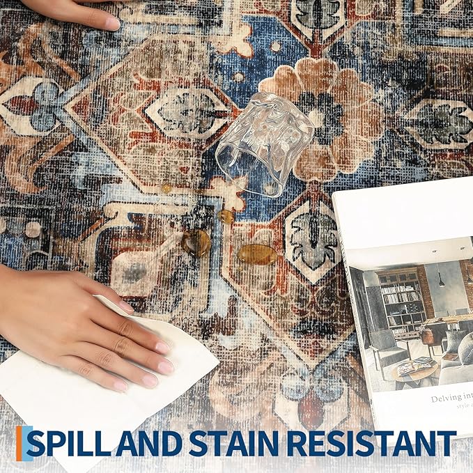 Washable 4x6 Area Rug Boho Vintage Floral Small Carpet Low Pile Soft Bedroom Carpet Non Slip Office Rugs Non Shedding Floor Covers for Nursery Kitchen Dining Living Room Blue Brown