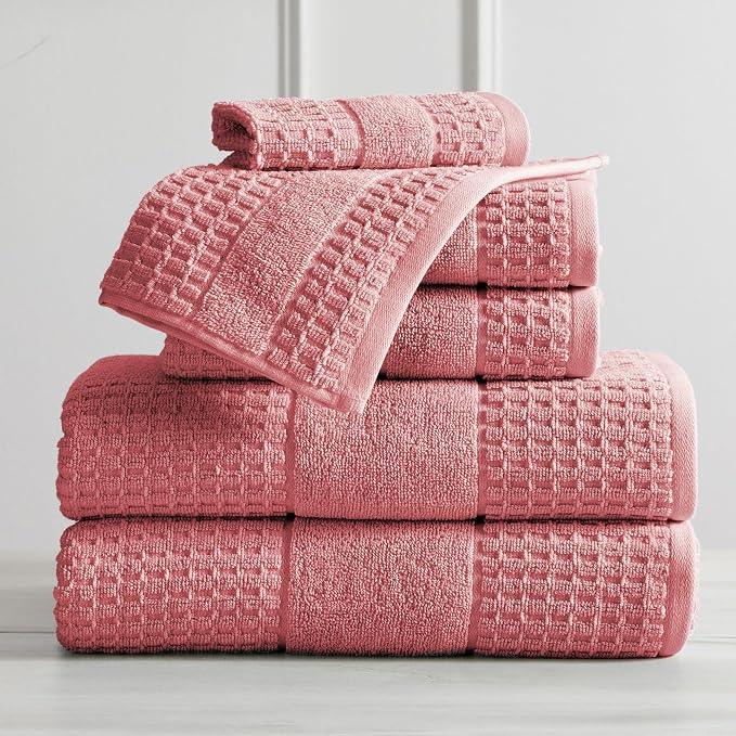 Market & Place 100% Cotton Super Soft Luxury Towel Set | Quick-Dry and Highly Absorbent | Waffle Textured | 550 GSM | 2 Bath Towels, 2 Hand Towels, & 2 Washcloths | Harper Collection (Rose)
