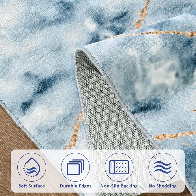 Merelax 5x8 Abstract Rug for Livingroom Bedroom - Washable Non-Slip Modern Area Rug, Indoor Floor Carpet Low Pile Soft Rug for Dining Room, Mudroom, Aesthetic Geometric Decor, Blue/Gold