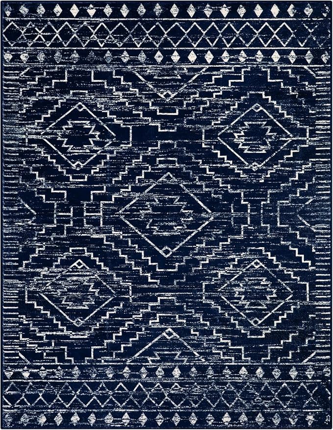 Wonnitar Moroccan 5x7 Blue Rugs for Living Room, Washable Geometric Tribal Bedroom Area Rug, Large Non-Shedding Soft Low Pile Stain Resistant Carpet for Den Kitchen Home Decor (Blue,5'x7')