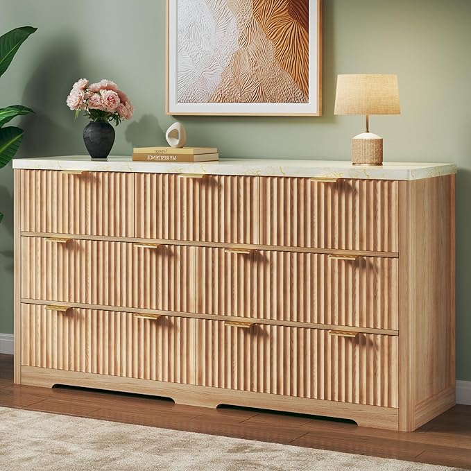 Fluted Dresser for Bedroom with 7 Drawers, 53" Wide Mid Century Modern Dressers with Faux Marble Top & Metal Handle, Wooden Chest of Drawers TV Stand, Natural Wood Closet Storage Organizer,Natural Oak
