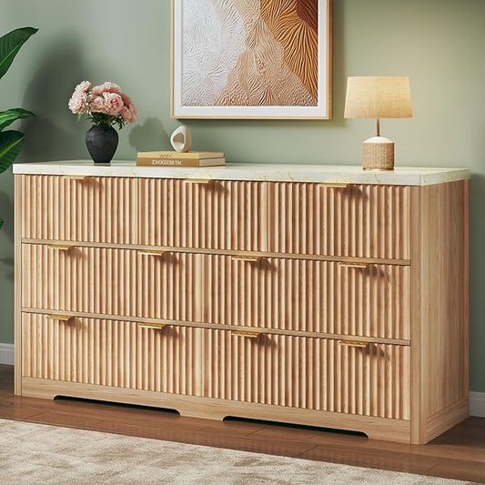 Fluted Dresser for Bedroom with 7 Drawers, 53" Wide Mid Century Modern Dressers with Faux Marble Top & Metal Handle, Wooden Chest of Drawers TV Stand, Natural Wood Closet Storage Organizer,Natural Oak