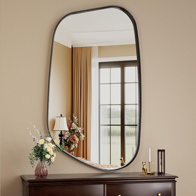 Irregular Wall Mirror 55"x28" Bathroom Mirrors Asymmetrical Artistic Decorative for Living Room Bedroom Bathroom Hallway Entryway,Trapezoid,Black