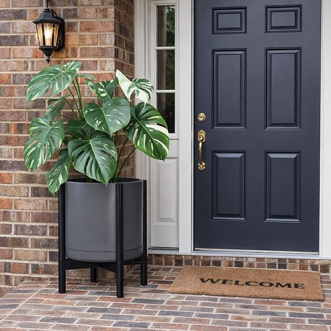 D'vine Dev Ceramic Planter with Ebony Stand - 14 Inch Modern Round Flower Pot with Wood Planter Holder, Grey, 55-B-S-3