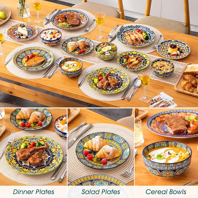 vancasso Plates and Bowls Sets,12-Piece Porcelain Dinnerware Set Service for 4, Bohemian Style Dishes Set for 4, Kitchen Dinner Set, Microwave and Dishwasher Safe, Scratch Resistant, Series KRVI