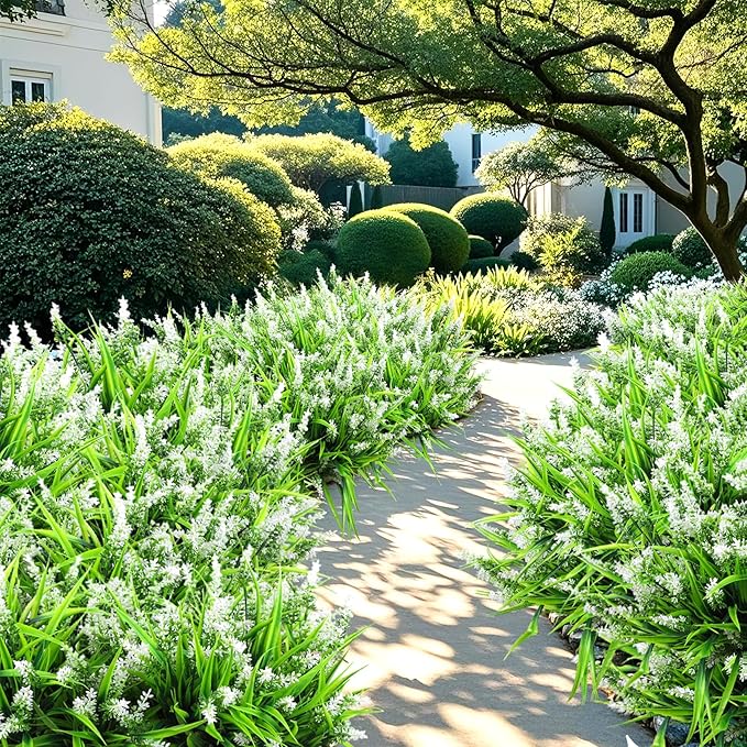 Ouddy Decor 24 Bundles Artificial Flowers for Outdoors, Fake Lavender Flowers Monkey Grass Faux Plastic Plants Shrubs UV Resistant for Porch Garden Window Box Office Home Decorations, White