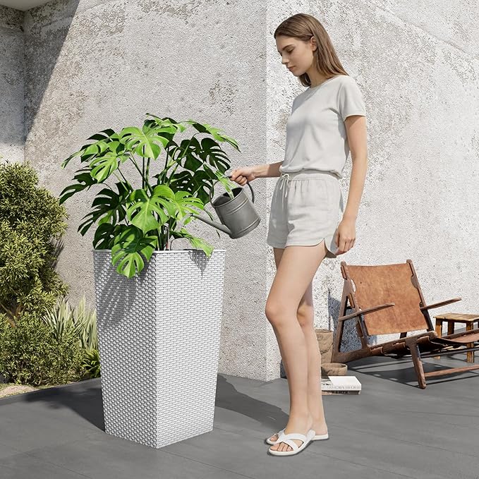 30in Tall Planter, Self Watering Pots for Indoor/Outdoor Plants with Drain Holes, Water Level Monitor, Inner Bucket for Front Porch Patio, White Large(1 Set)