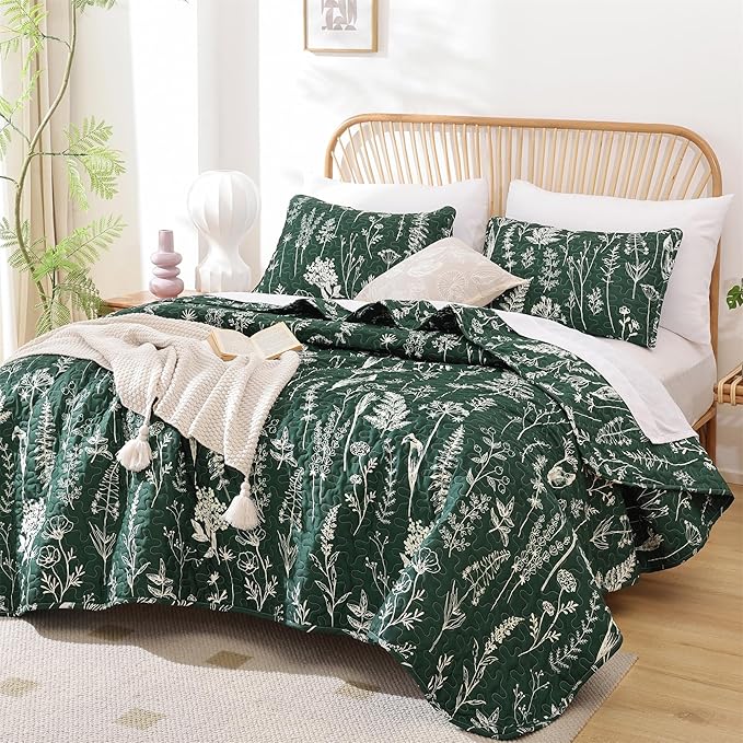 JANZAA Quilts Queen Size Emerald Green Floral Queen Quilt Bedding Set Microfiber Boho Bedspread Lightweight Reversible Coverlet 1 Quilt 90x90 inches with 2 Pillow Cases