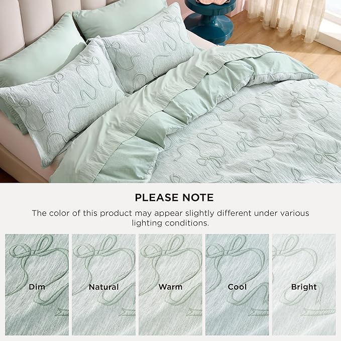 Bedsure Green Duvet Cover Queen Size with Bowknot Jacquard Design, Soft and Elegant Boho Bedding Set, Luxurious Craftsmanship for a Stylish Bedroom,Includes 1 90"x90" Duvet Cover & 2 Pillow Shams