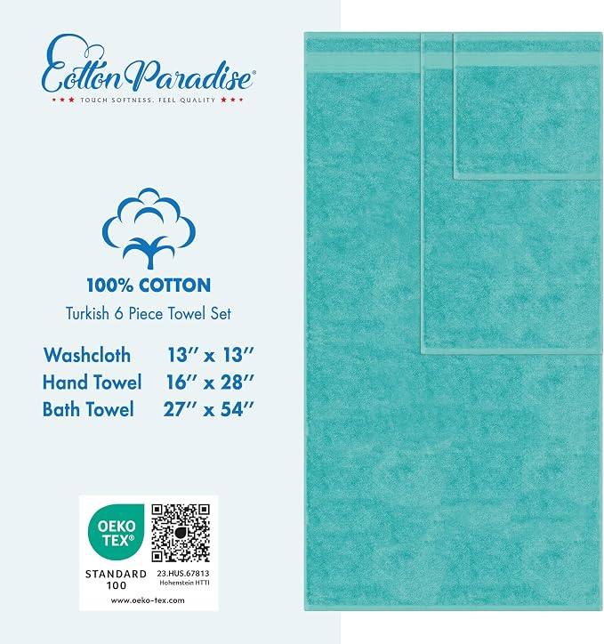 Cotton Paradise 100% Cotton Turkish Towel Set, Soft Absorbent Quick Dry, 6 Piece Towel Set, Turquoise