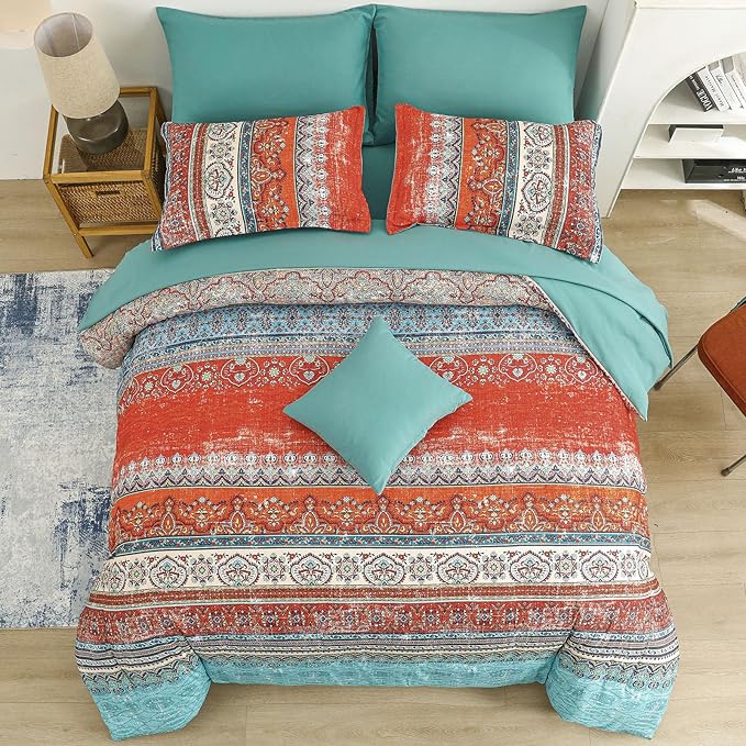 Cottolester Boho King Size Comforter Set 8 Pieces,Terracotta Comforter Bohemian Striped Bed in A Bag, Soft Microfiber Bedding Set for All Seasons