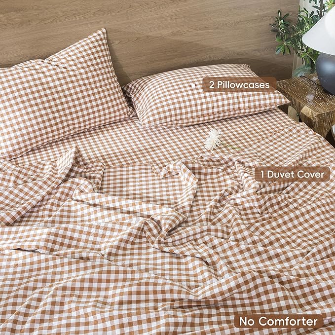 MooMee Gingham Duvet Cover Set 100% Washed Cotton Linen Like Textured Breathable Durable Soft Comfy Modern Checkered Design (Dark Orange Gingham, Queen 90"x90")