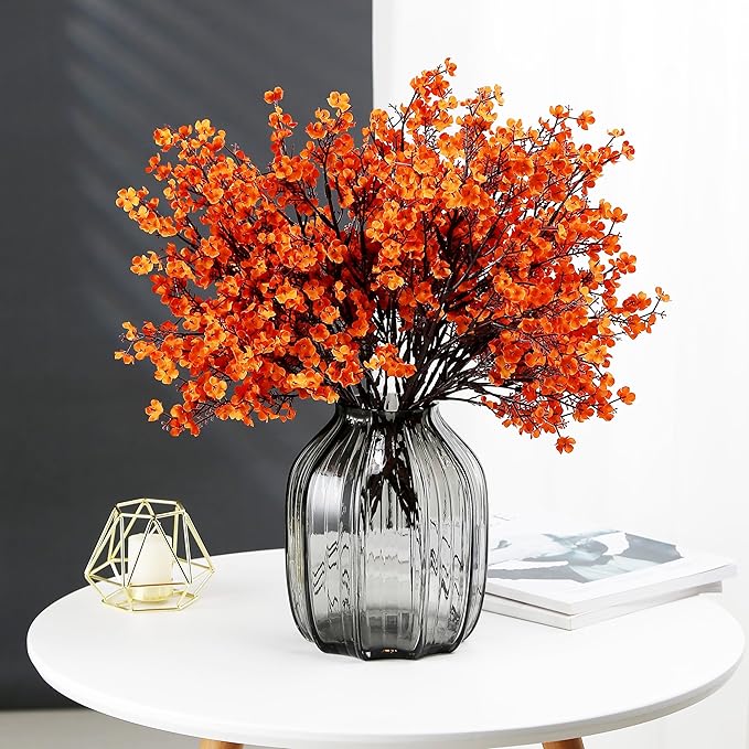 JAKY-Global Babys Breath Silk Artificial Flowers Bulk with Vase 10pcs for Fall Decor Fake Flower Bouquet Bulk for Home Kitchen Indoor Bouquet Floral Arrangement Table Centerpieces Party Decor(Orange)