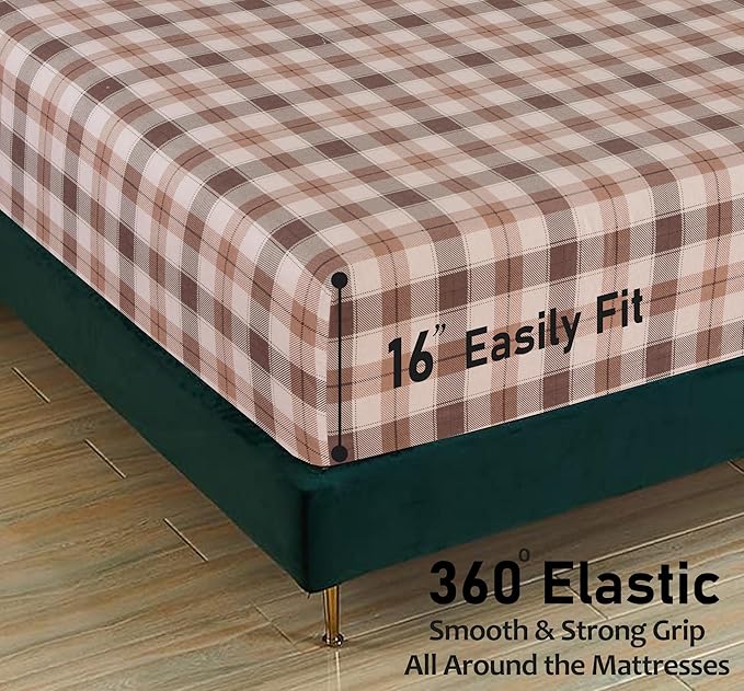 RUVANTI Flannel Sheets Twin XL Size - 100% Cotton Double Brushed Twin XL Sheet Sets, Deep Pockets 16 Inches, All Seasons Breathable & Extra Soft Bed Sheets, Warm & Cozy, 3 Piece, Beige & Grey Plaid