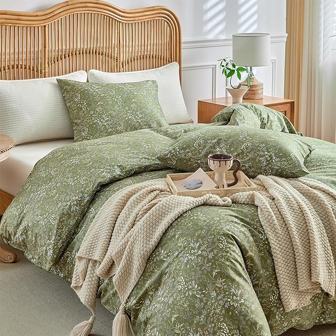mixinni 3 Pieces Duvet Covers King Size, 100% Cotton Comforter Cover Wildflower Printed on Army Green Floral Bedding Set with Zipper Closure 4 Ties (1 Duvet Cover 104"x90", 2 Pillow Cases 20"x36")