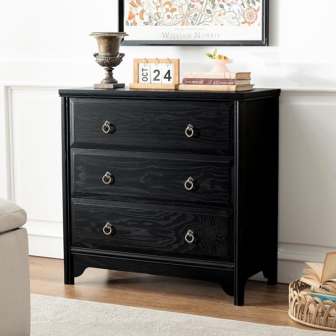Chogori Solid Wood Dresser for Bedroom- Natural Wood Veneers & Water Based Paint Finished- Vintage Chests of Drawers, Small 3 Drawer Dresser (2, Black)