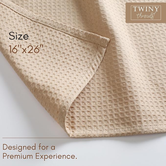 TWINY threads Waffle Kitchen Towel Pack of 4, 16x26 Inches, Premium 100% Cotton Kitchen Linen Set, Absorbent Dish Cloths for Cleaning and Drying, Machine Washable, Durable, Quick Dry, Beige