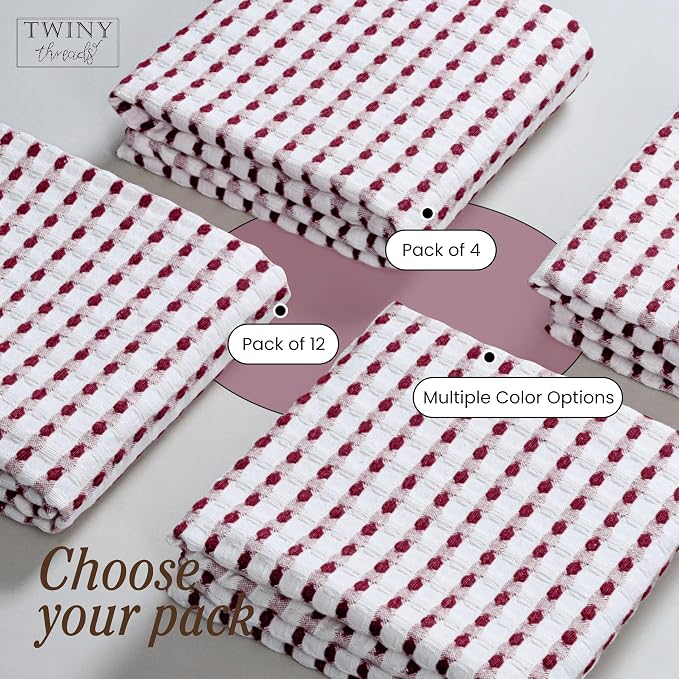 TWINY threads Waffle Weave Dish Towels Set of 4, Premium Cotton 16x26 Kitchen Hand Towel, Super Absorbent, Durable & Reusable Tea Towels for Home, Restaurants & Cafes, Burgundy Wine, White
