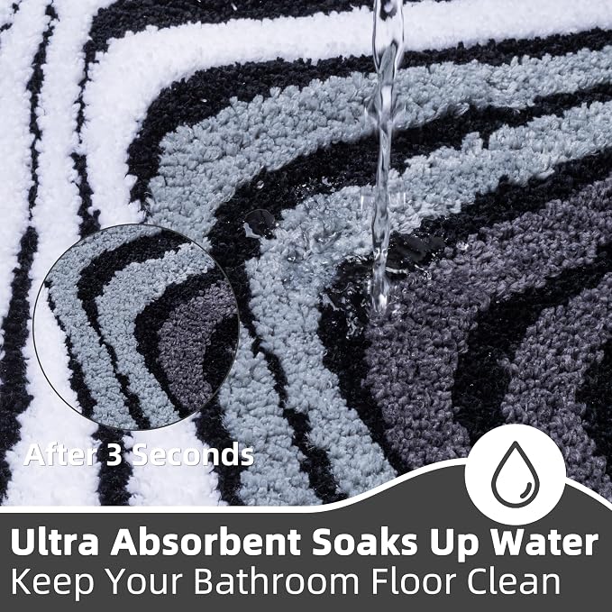 High Pile Tufted Bath Mat Non Slip Absorbent, Ultra Soft Microfiber Bathroom Rug with 3D Striped Pattern, Funky Small Rug for Sink, Toilet, Tub, Machine Washable, 16"x24", Black