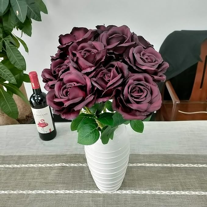 ATFL Burgundy Roses,12 Pcs Burgundy Artificial Flowers,Flower Diameter 4'',Autumn Silk Floral Fake Roses with Stems for Wedding Arrangement Centerpieces Party Home Table Decorations