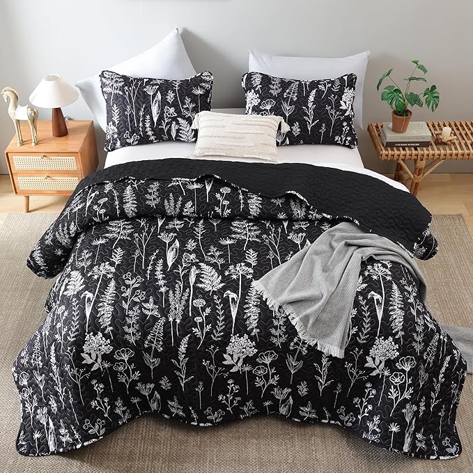 JANZAA Quilts Queen Size Bed Spread Botanical 3 Pieces Quilts Queen Size Sets with Floral Pattern Lightweight Microfiber Bedding Reversible 1 Quilt and 2 Pillow Cases-Black