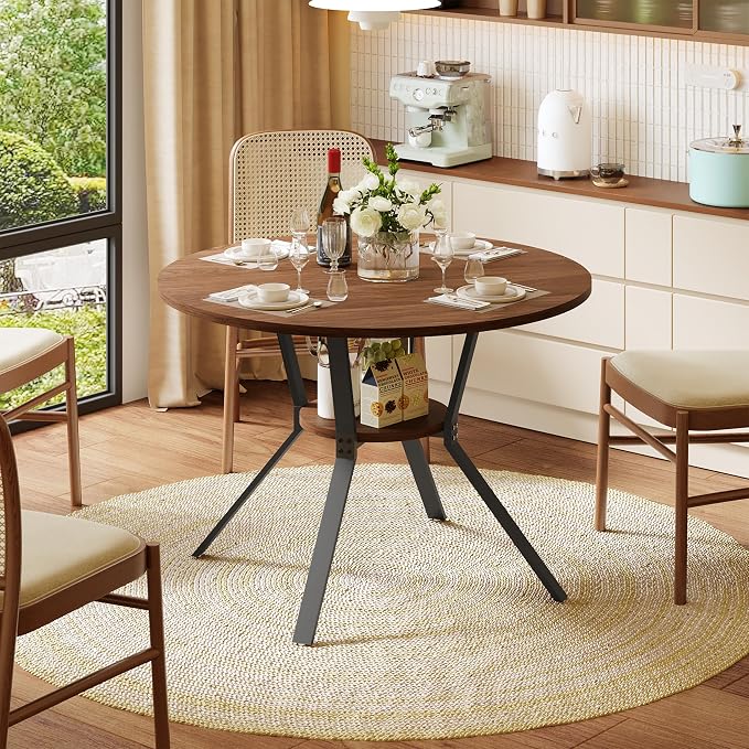 Wildhome Round Dining Table for 2-4, 43 Inch Dining Room Kitchen Table with 1-Tier Storage Shelf, Modern Farmhouse Dinner Furniture with Adjustable feet,Oval Circle (43in-Walnut)