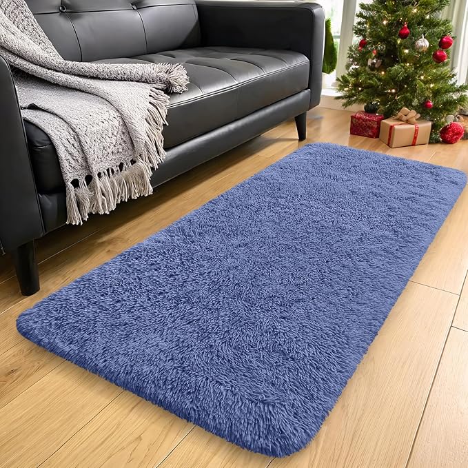 OLANLY 2x5 Machine Washable Runner Rugs for Hallway, Soft Fluffy Shaggy Bedside Rugs for Bedroom, Living Room, Indoor Floor Carpet for Kids Girls and Boys, Home Decor Aesthetic, Denim Blue