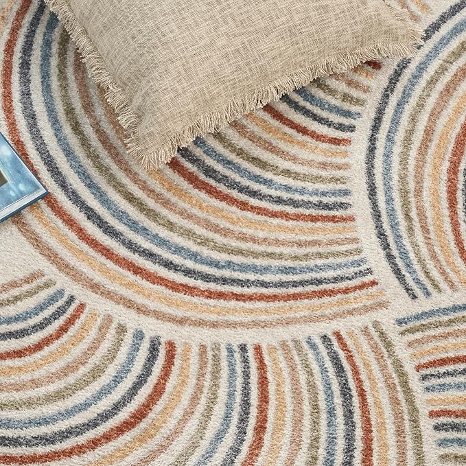 Nourison Astra Machine Washable Mid-Century Modern Ivory/Multi 5'3" x 7' Area Rug, Easy -Cleaning, Non Shedding, Bed Room, Living Room, Dining Room, Kitchen (5x7)