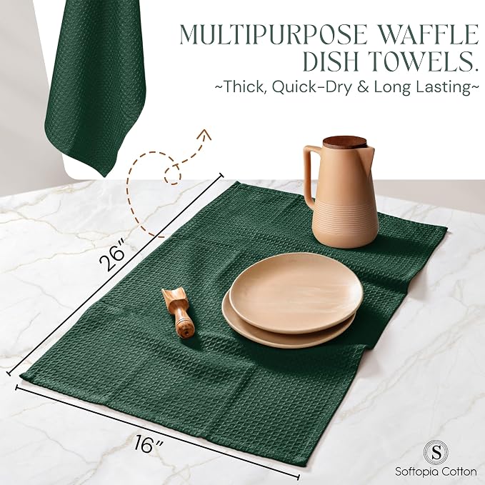 Forest Green Kitchen Dish Towels Set of 12-100% Cotton Waffle Weave, Super Absorbent, Soft, Quick Drying, 16x26 Inches, Ideal for Cleaning, Bar, Tea, and Everyday Use, Olive Green
