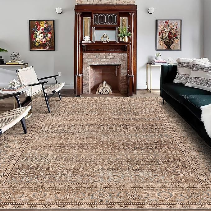 vivorug 5x7 Neutral Area Rugs - Ultra-Thin Washable Rug with Non-Slip Backing, Ideal for Living Room, Bedroom, Kitchen Floor Carpet - Vintage, Easy Clean, Durable, Sand/Antique