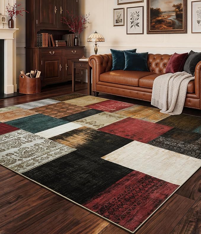 YIHOUSE Mid Century Modern Cowboy Area Rug 5x7 for Living Room,Retro Patchwork Rug Non Slip,Red and Brown Floral Farmhouse Rugs Washable, Geometric Boho Area Rug for Kitchen,Dining Room,Bedroom
