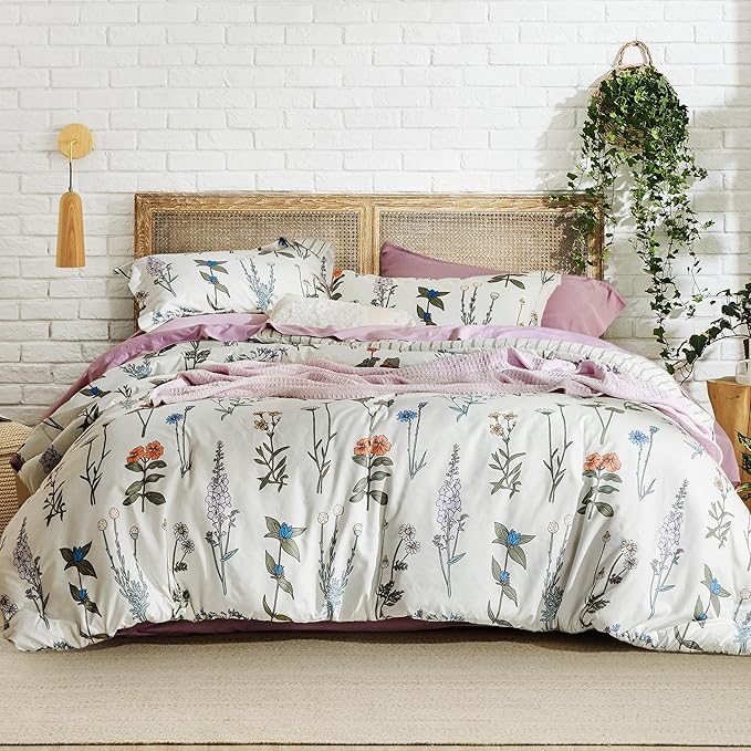 Bedsure Comforter Set Full Size - Cute Floral Bedding Comforter Set, 3 Pieces, 1 Soft Reversible Coconut White Botanical Flowers Comforter and Pillow Shams