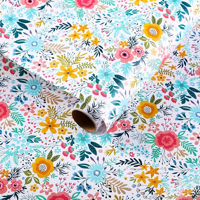 Miss DuiDui Foral Gift Wrapping Paper Roll, 17 inch x 32.8 feet, Colorful Spring Summer Flower Design for Birthday, Wedding, Valentines' Day, Anniversary, Bridal Shower, Baby Shower