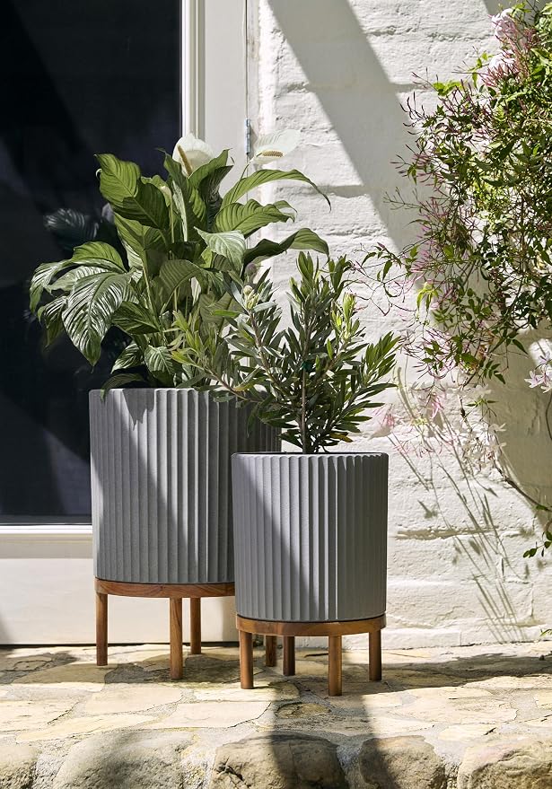 Veradek Demi Series Round Planter w/Stand for Porch/Patio | Durable Plastic-Stone Composite & Wooden Stand | Modern Décor for Tall Plants, Flowers