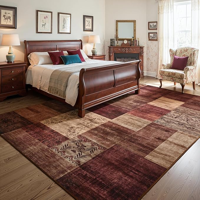 Tepook Modern Area Rugs for Living Room, 9x12 Washable Large Rug for Bedroom, Geometric Patchwork Rugs Indoor Non-Slip Throw Carpets for Dining Room Office Farmhouse Home Decor, Red