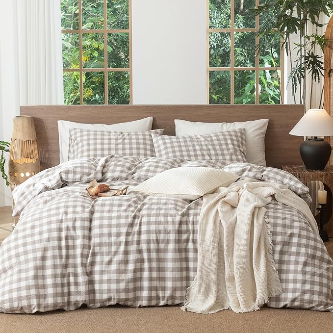 MooMee Gingham Duvet Cover Set 100% Washed Cotton Linen Like Textured Breathable Durable Soft Comfy Modern Checkered Design (Buffalo Plaid Tannish Linen Grey, Twin 68"x90")