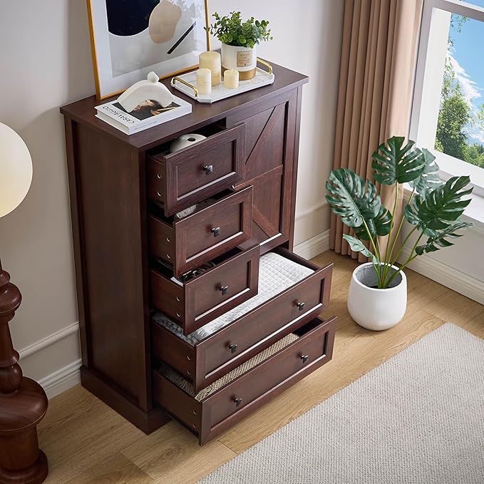 SOOWERY Dresser for Bedroom, Farmhouse Dresser with 5 Wooden Drawers and Storage Cabinet, 48 Inches Tall Chest of Drawers for Bedroom, Living Room, Hallway, Dark Cherry