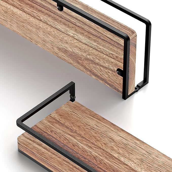 Meangood Floating Shelves Wall Mounted Set of 2, Wall Shelf with Towel Bar Rustic Wood Wall Storage Shelves for Bedroom,Living Room,Bathroom, Kitchen Torched Wood