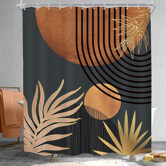 KOMLLEX Mid Century Brown Black Boho Shower Curtain 60Wx72L Inches Abstract Modern Shower Curtain for Bathroom Decor Plant Botanical Minimalist Arch Sun Fabric Liner Waterproof Polyester 12 Pack Hooks
