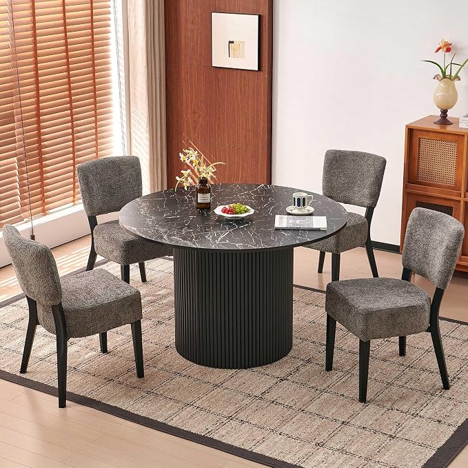 Homedot 47.24" Industrial Kitchen Dining Table Round for 4-6, Rustic Dining Table Circular with Two-Part Tabletop&MDF Pedestal Striped Base,Metal Frame Dinner Meeting Table, Black Marble Grain Look