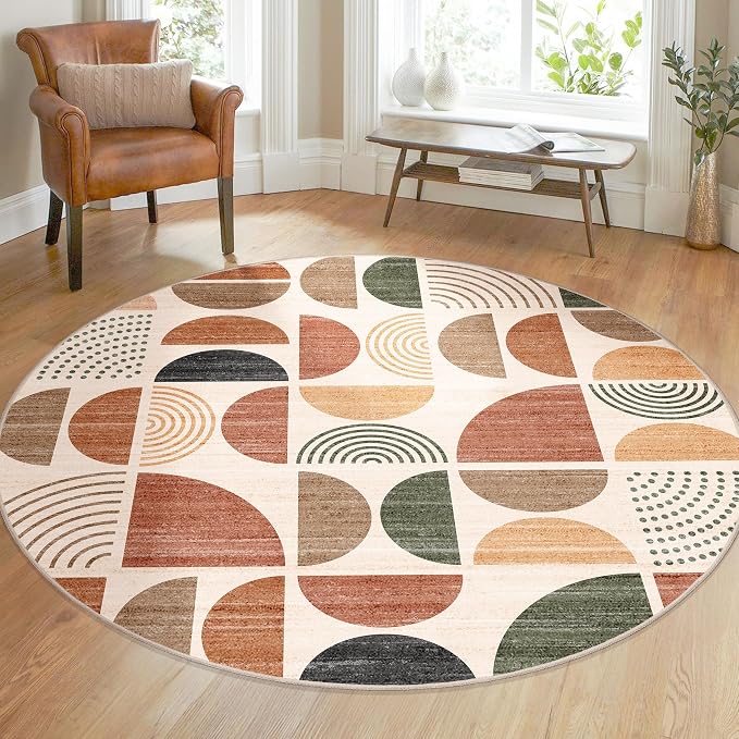 MUJOO Round Rugs 5ft,Circle Area Rug Washable,Circular Rugs for Living Room Dining Room,Boho Non Slip Throw Floor Carpet Modern Abstract Bohemian Terracotta