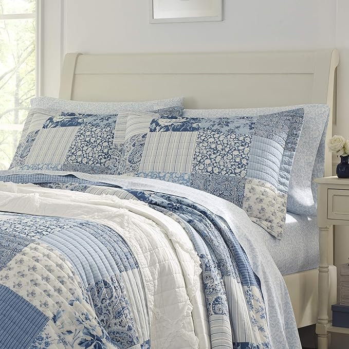 Laura Ashley - King Quilt Set, Reversible Cotton Bedding with Matching Shams, Farmhouse Inspired Home Decor (Paisley Printed Patchwork Blue, King)