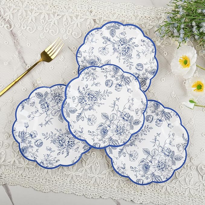 Blue Floral Party Plates Vintage Floral Leaf Disposable Paper Plates Wildflower Blue Toile 7" Scalloped Rim Dessert Plates for Christmas Birthday Bridal Tea Party Supplies (48)
