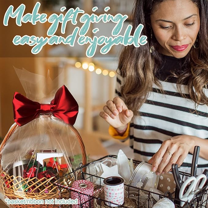 Wowfit 10 CT 16x24 Inch Clear Cellophane Gift Bags – Food-Safe Cello Bags for Small Gift Baskets, Wine Raffles, Bridal or Baby Showers, and More (No Gusset, Ribbon Not Included)
